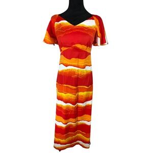 Vintage Hawaiian Sunset Maxi Dress 6 Made in Hawaii Sunset Empire Waist Orange